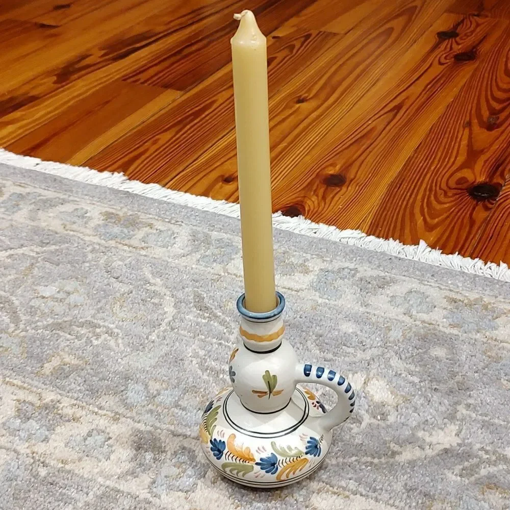 Talavera Pottery Hand Painted Floral Candlestick with Handle Vintage